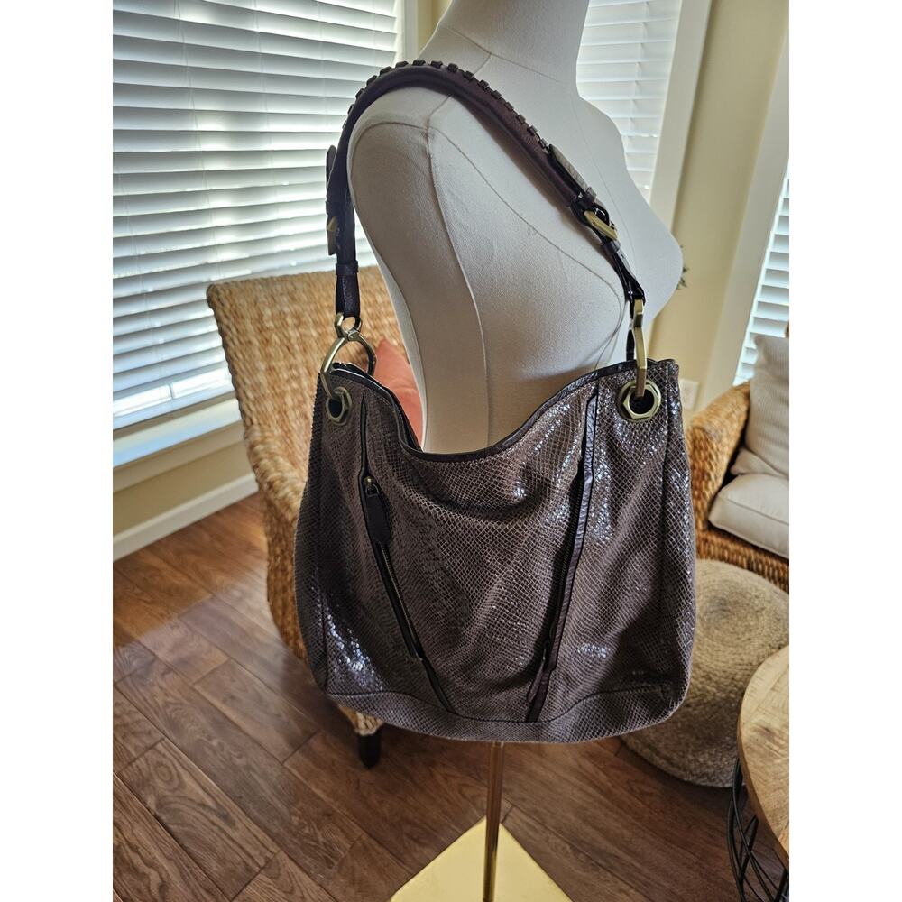 OrYany Brown Large Reptile Embossed Shoulder Bag Pockets Hobo Bohemian
